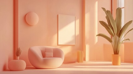 Wall Mural - Minimal modern home design with warm furniture colors, poster frame mockup on bright interior background, 3d render.