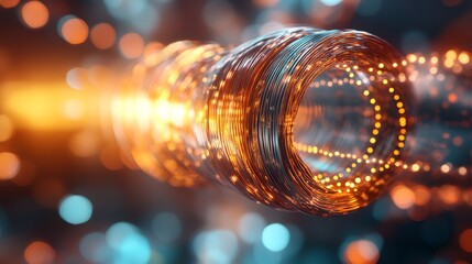 Poster - Dynamic visualization of energy flow through intricate wire coils in a futuristic setting