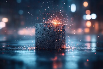Poster - Sparkling cube surrounded by glowing particles at night in a city environment with a wet pavement