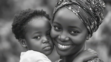 Happy african mother having tender moment with her child in summer day - Focus on mom eye - Black and white editing