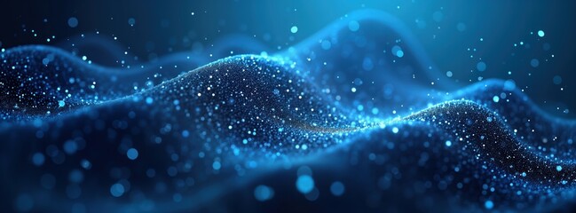 Poster - Abstract dynamic blue particles wave background displays glowing light effect. Dynamic mesh design evokes big data tech concept. Suitable for landing pages tech presentations. Modern abstract