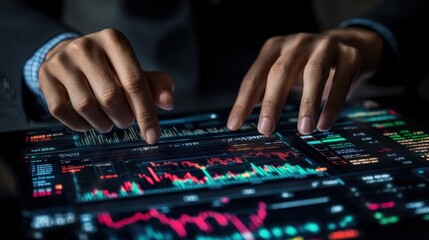 Poster - Stock market trading concept with businessman touching digital screen with glowimg financial graphs and diagram. Double exposure