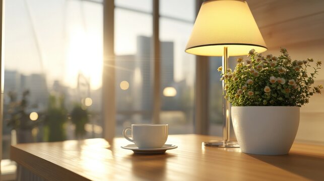 Side view on stylish, sunny kitchen area with modern white kitchen set and furniture, stylish lamp from top, wooden floor and city view from window. 3D rendering