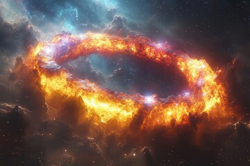 Wall Mural - crystalline prism ring floating in space emanating iridescent light waves through cosmic dust clouds