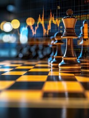 Poster - a chessboard with analytical graphs and charts in the background, representing the link between stra