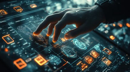 Aufkleber - hand interacting with a futuristic digital interface, touching a digital fingerprint composed of cod