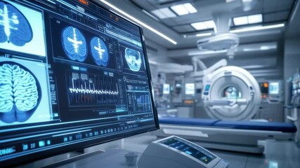 Poster - Advanced mri brain scan in modern medical facility with dynamic data display