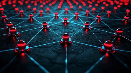 Wall Mural - Red nodes connect on grid. Network background