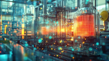 Poster - Modern pharmaceutical factory producing innovative medicine using cutting edge technology, ensuring high quality and efficiency in drug development and manufacturing process