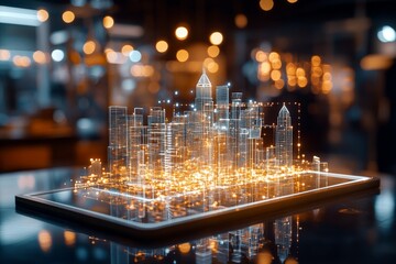 Poster - Digital city skyline on tablet with glowing lights showcasing future urban technology