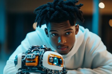 Poster - Young engineer working on a detailed robotic model in a modern indoor setting during evening hours