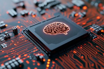 Poster - Circuit board featuring a brain illustration symbolizes artificial intelligence innovations in technology