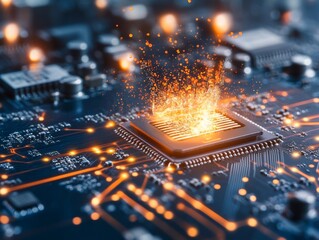 Poster - Exploring the intricate details of a computer circuit board with glowing elements and sparks