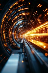 Poster - complex design of futuristic tunnel with glowing lights and intricate patterns during nighttime
