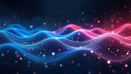 Poster - Futuristic abstract illustration shows glowing blue, pink digital waves. Dotted patterns form dynamic wave shapes. Vibrant colors create tech concept of data flow sound waves. Glowing particles, soft
