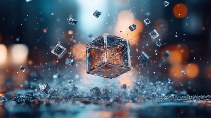 Poster - Frozen cube of ice suspended in mid-air surrounded by water droplets and bokeh background at night