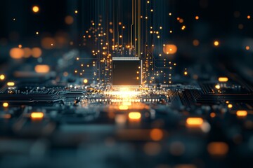 Poster - Digital circuit board with glowing microchip and data streams creating a futuristic technology visual