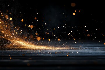 Poster - Sparkling golden particles dance across a dark wooden surface in a captivating display of light and motion