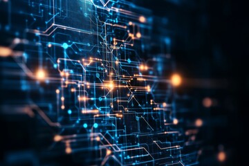 Poster - Network connections illuminated by glowing nodes in a digital circuit design