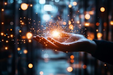 Poster - Light sparkles emerging from an outstretched hand in a dimly lit setting