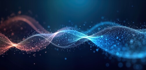 Poster - Abstract digital wave pattern with colorful particles, bokeh effect. Glowing lines, dots create dynamic motion. Suitable for tech backgrounds digital art projects. Modern design with vibrant colors.