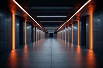 Poster - Modern corridor illuminated by vibrant orange lights in a contemporary building atmosphere
