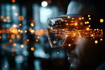 Poster - Man wearing virtual reality glasses surrounded by luminous digital elements in a modern setting