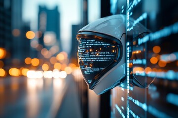 Poster - Modern helmet showcases advanced technology illuminated by city lights during twilight in an urban setting