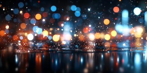 Poster - Rainy night with colorful bokeh lights reflecting on wet pavement in an urban setting