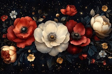 Wall Mural - dark moody floral wallpaper with mystical night sky elements surreal botanical illustrations intertw