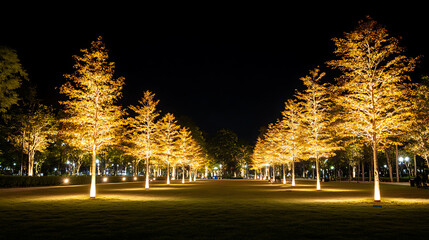 Wall Mural - Night scene of illuminated trees in a park.