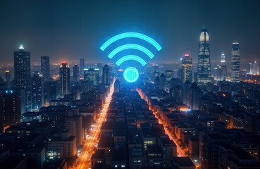 Poster - Night cityscape displays vibrant lights, prominent Wi-Fi signal graphic. Urban tech, modern connection concept. Wireless network connecting city at night. Digital communication symbol above streets.