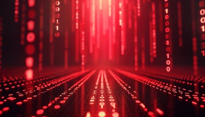 Poster - Red glowing binary code streams down futuristic dark space. Digital data flows in dynamic pattern. Abstract tech background. Glowing binary code. Tech illustration. Abstract tech design. Visual data