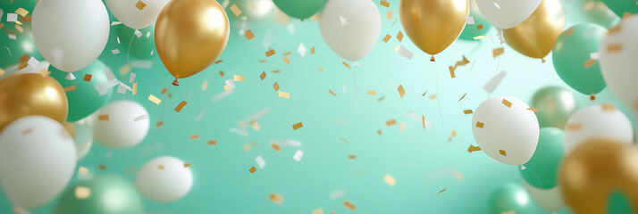 Canvas Print - Celebration! Gold, white & mint balloons & confetti.