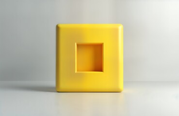 Poster - Bright yellow square object with recessed inner square. Modern geometric design on empty light grey background. Simple and minimalist shape creates vibrant contrast. Abstract style illustration.