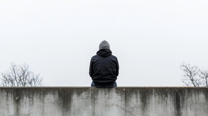 Wall Mural - a lone person sits on a wall, back to the camera, gazing out at a foggy landscape.