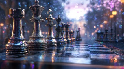 Poster - Creative depiction of a business growth strategy with chess pieces on a board symbolizing strategic moves