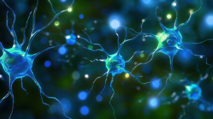 Poster - Stunning Close-Up of Neurons and Synapses with Glowing Effects, Featuring Blue and Green Colors Against a Dark Abstract Background