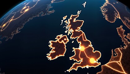 Poster - Globe view of UK at night. Illuminated UK map on planet earth. Bright lights show UK cities, towns. Global perspective. Abstract image. Night view from space. Detailed map shows water, land. Planet