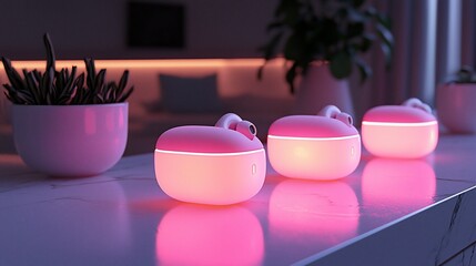 Poster - Three illuminated pink oval-shaped devices on a table.