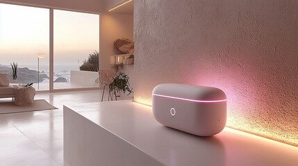 Poster - Modern minimalist smart home device on a white surface with ocean view.