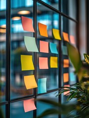 Poster - Strategic Planning with Sticky Notes - A glass window filled with colorful sticky notes showcases strategic planning and the organization of thoughts in a corporate setting.