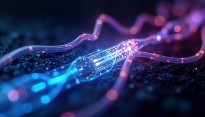 Poster - fiber optic cable glows with vibrant blue, purple lights against dark background. tech communication