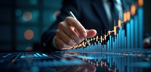 Poster - businessman analyzes financial growth graph on digital tablet. success in business visible in growin