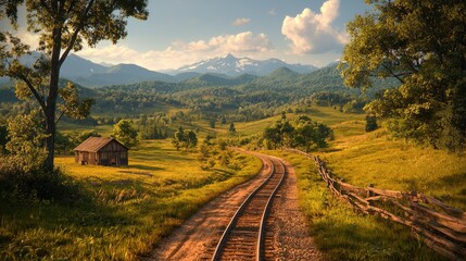  Mountain Railroad Sunset Landscape Scenic train tracks winding through a rural valley at sunset, with a small cabin and majestic mountains in the background, ideal for travel or landscape projects