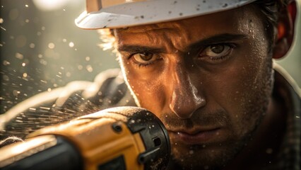 Poster - A closeup image capturing the intricate details of a workers face focused and determined as they use a power tool to repair damaged infrastructure with dust particles illuminated