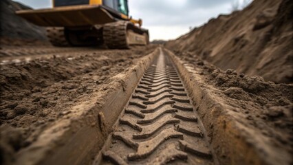 Poster - A closeup image of a tire track left by the heavy machinery on a muddy surface illustrating the weight and impact of the excavator on the surrounding terrain with the trench