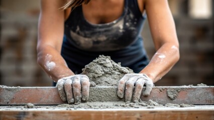 Poster - A closeup image of a womans hands skillfully mixing concrete with splashes of cement highlighting her active role in the building process.