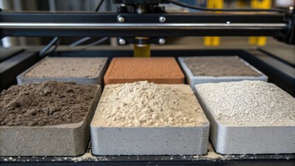 Aufkleber - A closeup image of various concrete mixtures being loaded into a 3D printer with grains and textures visible emphasizing the material science involved in optimizing 3D printing for