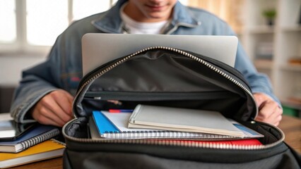 Poster - A closeup of a backpacks zipper being hastily pulled open by a young man revealing glimpses of notebooks and a laptop emphasizing the chaos of preparing for a busy day.